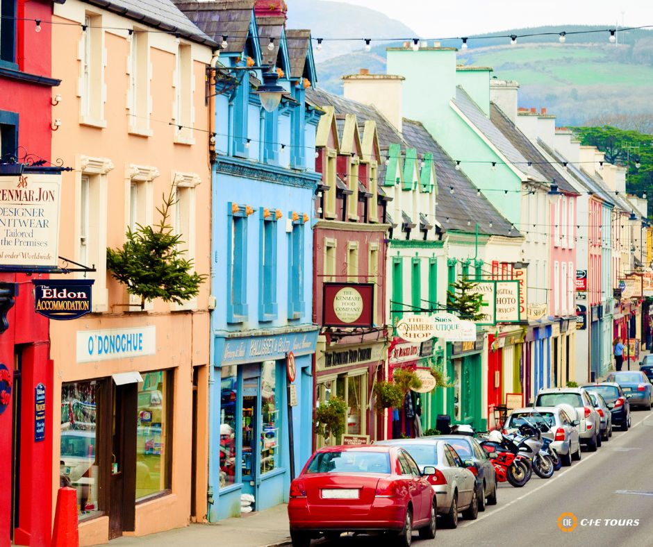 A beautiful site of a colorful historic Irish village main street